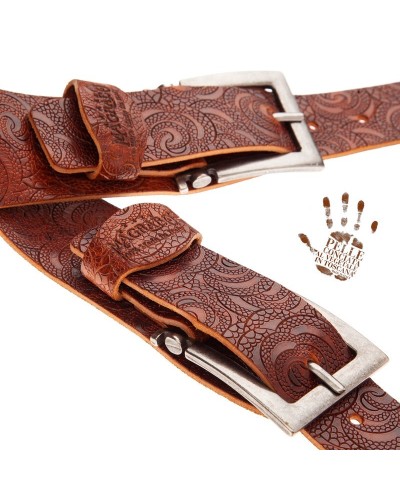 Guitar Strap Brown Certified Vegetable Tanned Leather 7 Cm Meccano Ciler Twin Buckle TC Embossed 