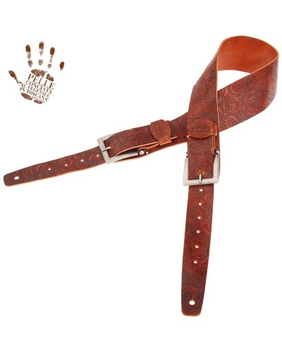 Guitar Strap Brown Certified Vegetable Tanned Leather 7 Cm Meccano Ciler Twin Buckle TC Embossed 