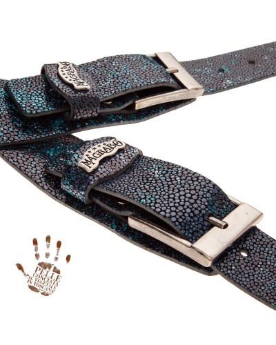 Guitar Strap Petrol Green Certified Vegetable Tanned Leather 7 Cm Square Seurat Twin Buckle TC Embossed 