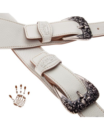 Guitar Strap White Certified Vegetable Tanned Leather 7 Cm Skull & Roses Twin Buckle TS Core 