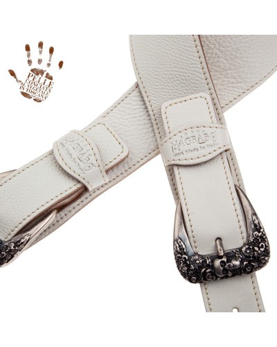 Guitar Strap White Certified Vegetable Tanned Leather 7 Cm Skull & Roses Twin Buckle TS Core 