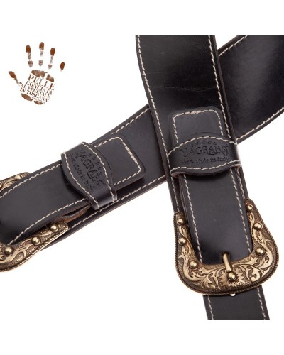 Tracolla per Chitarra e Basso Nero Vera Pelle Conciata Al Vegetale 7 Cm Sun Twin Buckle TS Stone Washed 