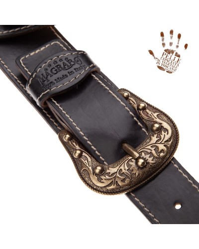 Guitar Strap Black Certified Vegetable Tanned Leather 7 Cm Sun Twin Buckle TS Stone Washed 