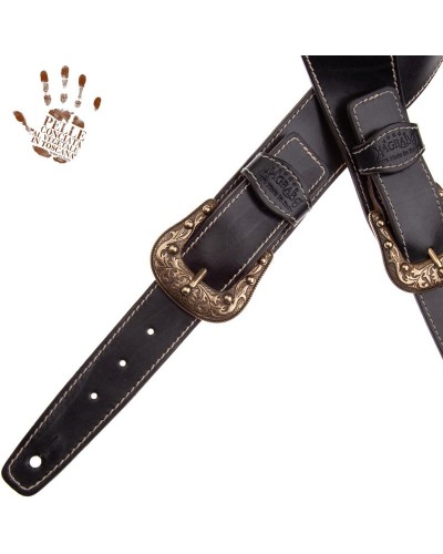 Guitar Strap Black Certified Vegetable Tanned Leather 7 Cm Sun Twin Buckle TS Stone Washed 