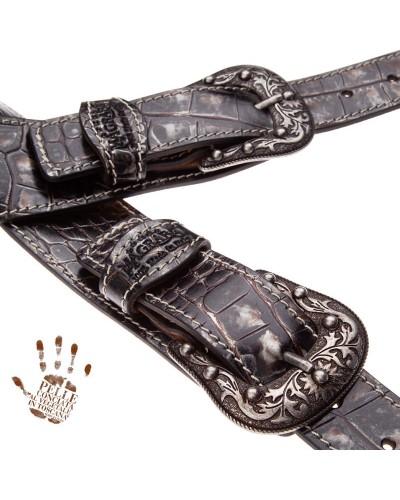 Tracolla per Chitarra e Basso Nero Vera Pelle Conciata Al Vegetale 7 Cm Sun Cocco Dalma Twin Buckle TS Embossed 