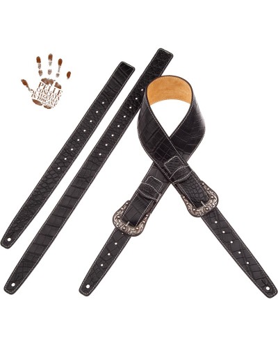 Guitar Strap Black Certified Vegetable Tanned Leather 7 Cm Sun Cocco Pros Twin Buckle TS Embossed 