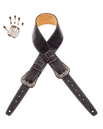 Tracolla per Chitarra e Basso Nero Vera Pelle Conciata Al Vegetale 7 Cm Sun Cocco Pros Twin Buckle TS Embossed 