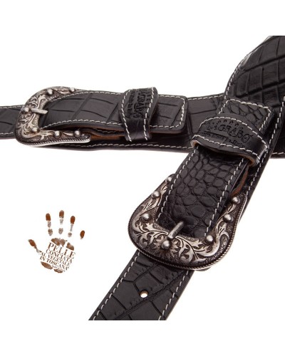 Tracolla per Chitarra e Basso Nero Vera Pelle Conciata Al Vegetale 7 Cm Sun Cocco Pros Twin Buckle TS Embossed 