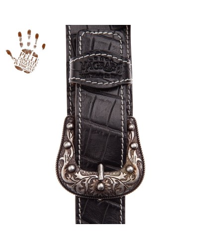 Tracolla per Chitarra e Basso Nero Vera Pelle Conciata Al Vegetale 7 Cm Sun Cocco Pros Twin Buckle TS Embossed 