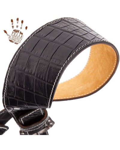 Tracolla per Chitarra e Basso Nero Vera Pelle Conciata Al Vegetale 7 Cm Sun Cocco Pros Twin Buckle TS Embossed 