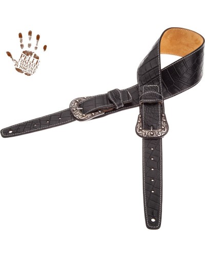 Tracolla per Chitarra e Basso Nero Vera Pelle Conciata Al Vegetale 7 Cm Sun Cocco Pros Twin Buckle TS Embossed 