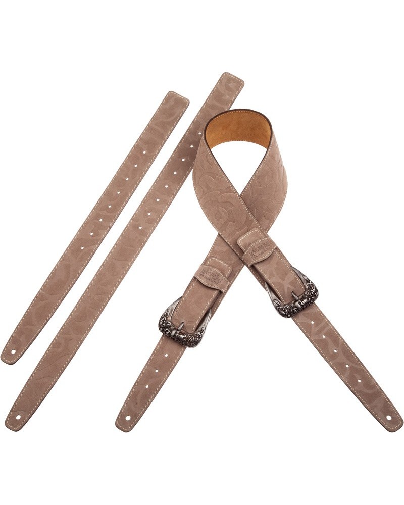 magrabò guitar straps | twin buckle ts embossed damasco beige 7 cm skull & roses silver buckle