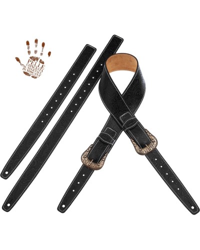 Guitar Strap Black Certified Vegetable Tanned Leather 7 Cm Sun Flores Twin Buckle TS Embossed 