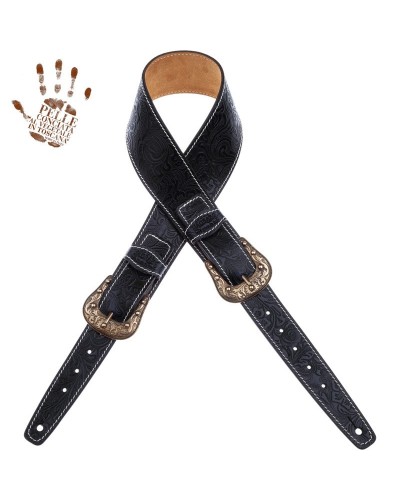 Guitar Strap Black Certified Vegetable Tanned Leather 7 Cm Sun Flores Twin Buckle TS Embossed 