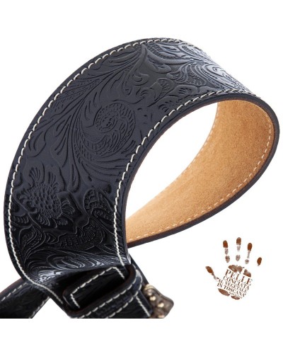 Tracolla per Chitarra e Basso Nero Vera Pelle Conciata Al Vegetale 7 Cm Sun Flores Twin Buckle TS Embossed 