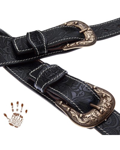 Tracolla per Chitarra e Basso Nero Vera Pelle Conciata Al Vegetale 7 Cm Sun Flores Twin Buckle TS Embossed 