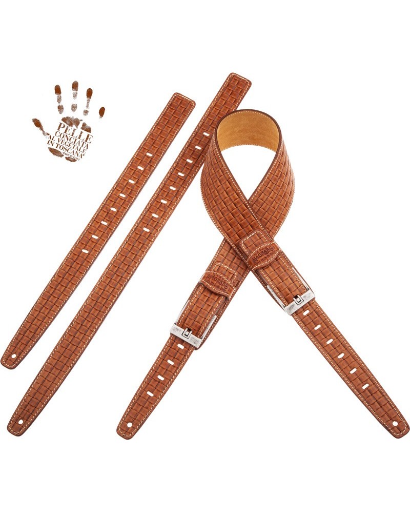 Guitar Strap Brown Certified Vegetable Tanned Leather 7 Cm Tongue Intreccio Twin Buckle TS Embossed 