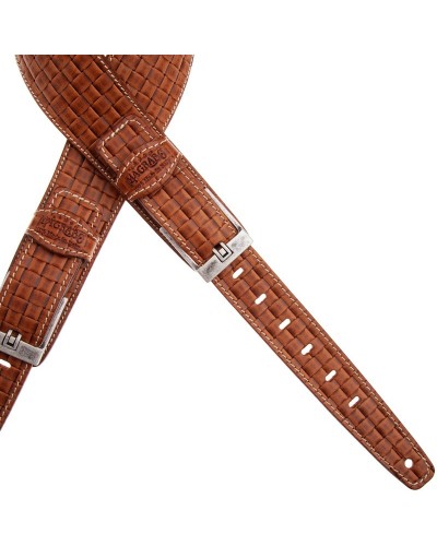 Guitar Strap Brown Certified Vegetable Tanned Leather 7 Cm Tongue Intreccio Twin Buckle TS Embossed 