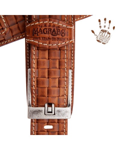 Guitar Strap Brown Certified Vegetable Tanned Leather 7 Cm Tongue Intreccio Twin Buckle TS Embossed 