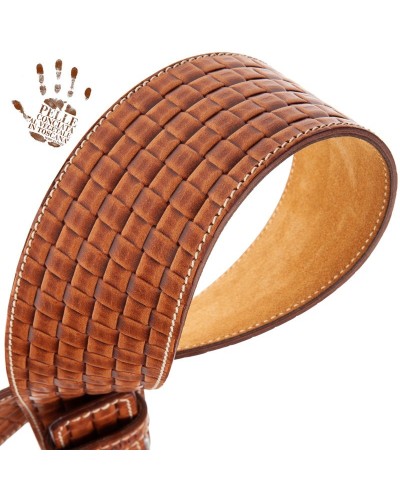 Guitar Strap Brown Certified Vegetable Tanned Leather 7 Cm Tongue Intreccio Twin Buckle TS Embossed 