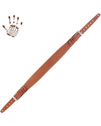 Guitar Strap Brown Certified Vegetable Tanned Leather 7 Cm Tongue Intreccio Twin Buckle TS Embossed 