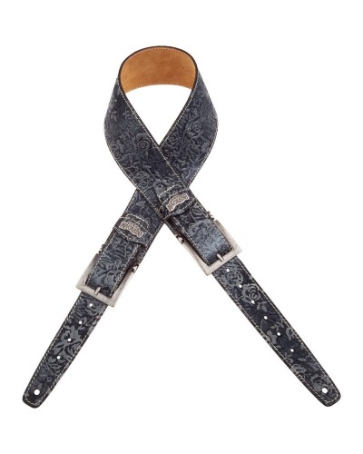 Tracolla per Chitarra e Basso Blu Vera Pelle Conciata Al Vegetale 7 Cm Meccano Twin Buckle TS Embossed 