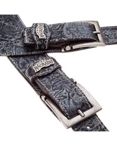 Tracolla per Chitarra e Basso Blu Vera Pelle Conciata Al Vegetale 7 Cm Meccano Twin Buckle TS Embossed 