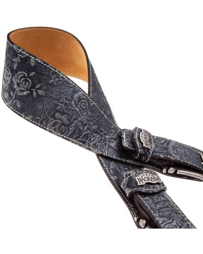 Tracolla per Chitarra e Basso Blu Vera Pelle Conciata Al Vegetale 7 Cm Meccano Twin Buckle TS Embossed 