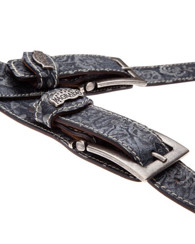 Tracolla per Chitarra e Basso Blu Vera Pelle Conciata Al Vegetale 7 Cm Meccano Twin Buckle TS Embossed 