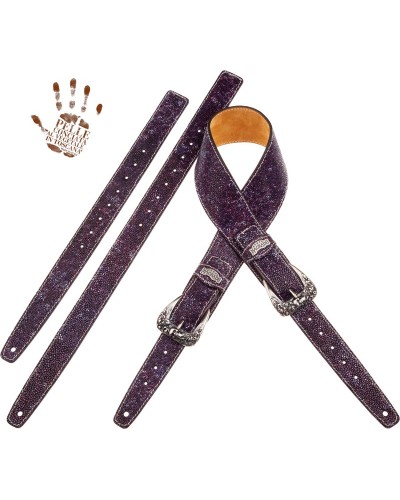 Guitar Strap Violet Certified Vegetable Tanned Leather 7 Cm Skull & Roses Seurat Twin Buckle TS Embossed 