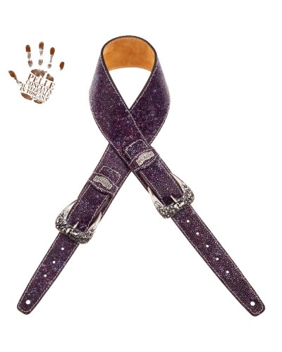 Guitar Strap Violet Certified Vegetable Tanned Leather 7 Cm Skull & Roses Seurat Twin Buckle TS Embossed 