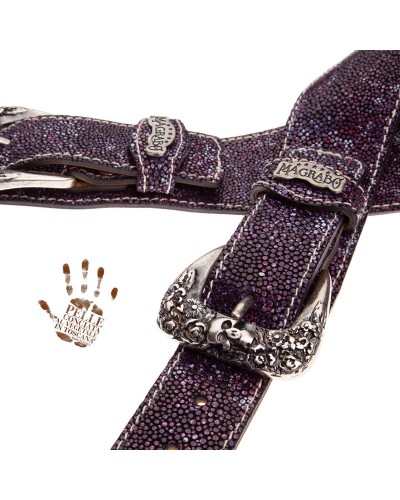 Guitar Strap Violet Certified Vegetable Tanned Leather 7 Cm Skull & Roses Seurat Twin Buckle TS Embossed 