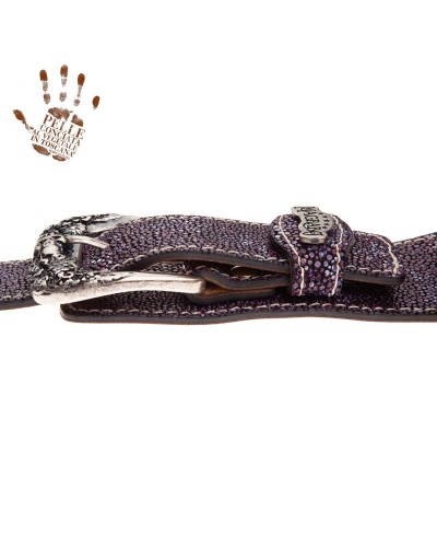 Guitar Strap Violet Certified Vegetable Tanned Leather 7 Cm Skull & Roses Seurat Twin Buckle TS Embossed 