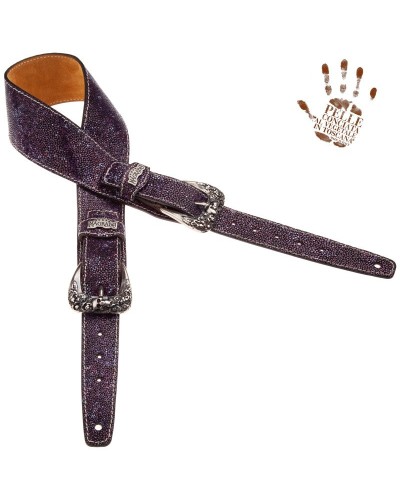 Guitar Strap Violet Certified Vegetable Tanned Leather 7 Cm Skull & Roses Seurat Twin Buckle TS Embossed 