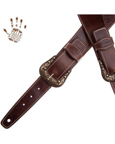 Guitar Strap Brown Certified Vegetable Tanned Leather 7 Cm Sun Twin Buckle TS Stone Washed 