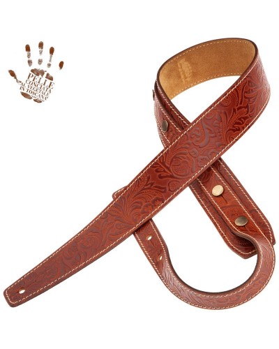 Guitar Strap Brown Certified Vegetable Tanned Leather 5 Cm Flores Buttons BS Embossed 