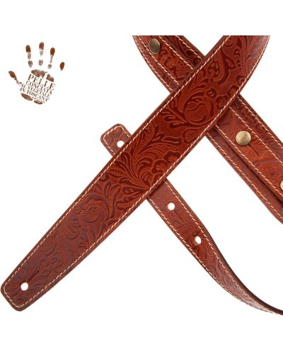 Guitar Strap Brown Certified Vegetable Tanned Leather 5 Cm Flores Buttons BS Embossed 