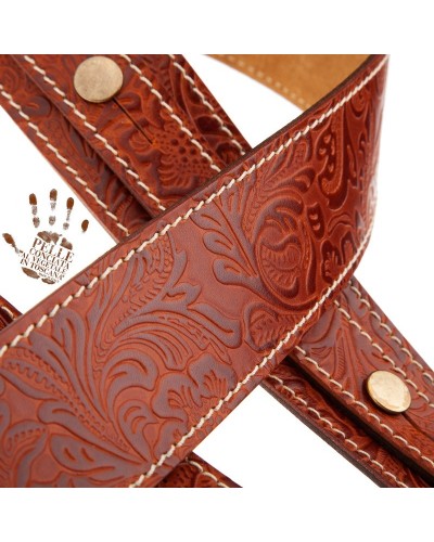 Guitar Strap Brown Certified Vegetable Tanned Leather 5 Cm Flores Buttons BS Embossed 