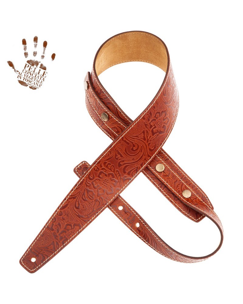 Guitar Strap Brown Certified Vegetable Tanned Leather 7 Cm Flores Buttons BS Embossed 