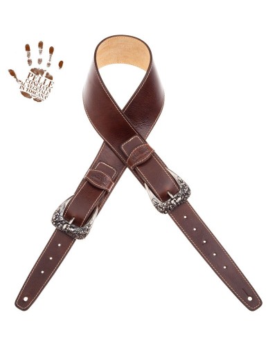 Guitar Strap Brown Certified Vegetable Tanned Leather 7 Cm Skull & Roses Twin Buckle TS Stone Washed 