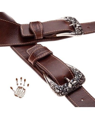 Guitar Strap Brown Certified Vegetable Tanned Leather 7 Cm Skull & Roses Twin Buckle TS Stone Washed 