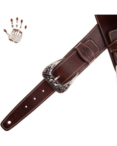 Guitar Strap Brown Certified Vegetable Tanned Leather 7 Cm Skull & Roses Twin Buckle TS Stone Washed 