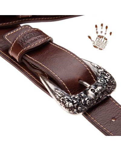 Guitar Strap Brown Certified Vegetable Tanned Leather 7 Cm Skull & Roses Twin Buckle TS Stone Washed 