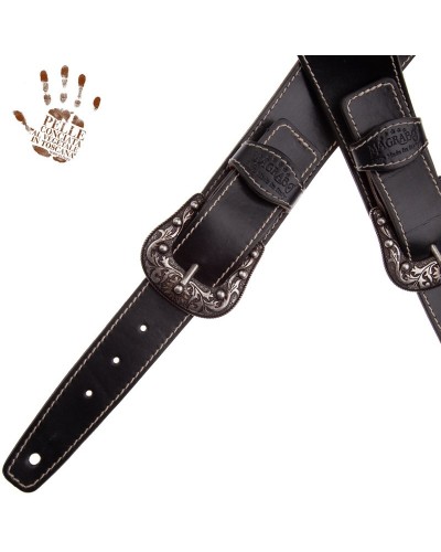 Guitar Strap Black Certified Vegetable Tanned Leather 7 Cm Sun Twin Buckle TS Stone Washed 