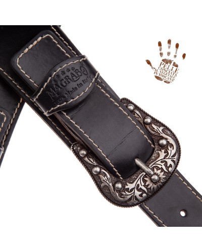 Tracolla per Chitarra e Basso Nero Vera Pelle Conciata Al Vegetale 7 Cm Sun Twin Buckle TS Stone Washed 