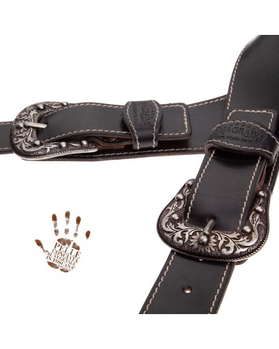 Tracolla per Chitarra e Basso Nero Vera Pelle Conciata Al Vegetale 7 Cm Sun Twin Buckle TS Stone Washed 