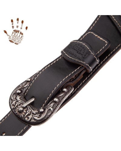 Guitar Strap Black Certified Vegetable Tanned Leather 7 Cm Sun Twin Buckle TS Stone Washed 