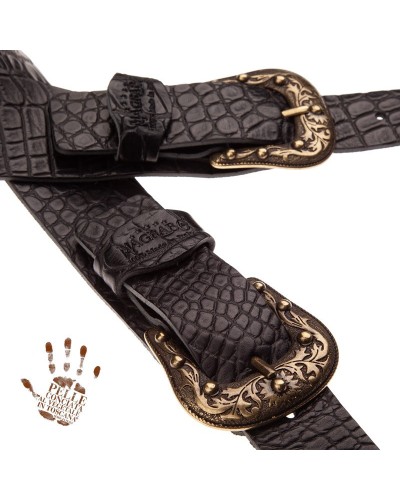 Tracolla per Chitarra e Basso Nero Vera Pelle Conciata Al Vegetale 7 Cm Sun Cocco Pros Twin Buckle TC Embossed 