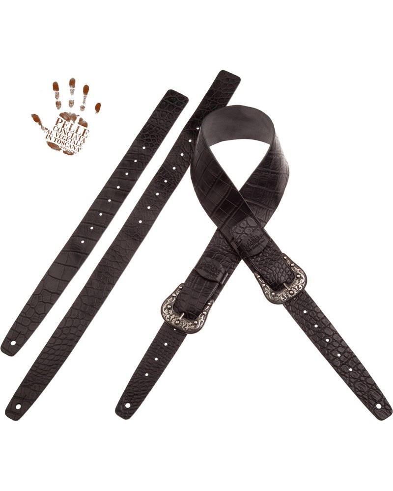 Tracolla per Chitarra e Basso Nero Vera Pelle Conciata Al Vegetale 7 Cm Sun Cocco Pros Twin Buckle TC Embossed 