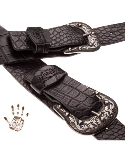 Tracolla per Chitarra e Basso Nero Vera Pelle Conciata Al Vegetale 7 Cm Sun Cocco Pros Twin Buckle TC Embossed 